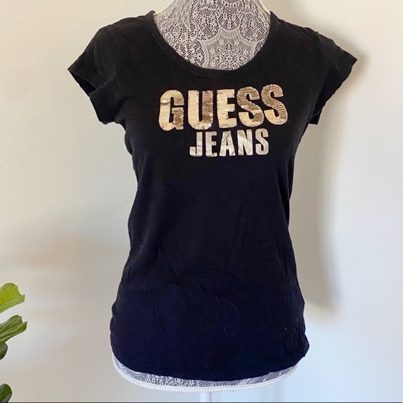 5/$25 Black Guess Jeans Sequin Logo Top - Picture 1 of 7